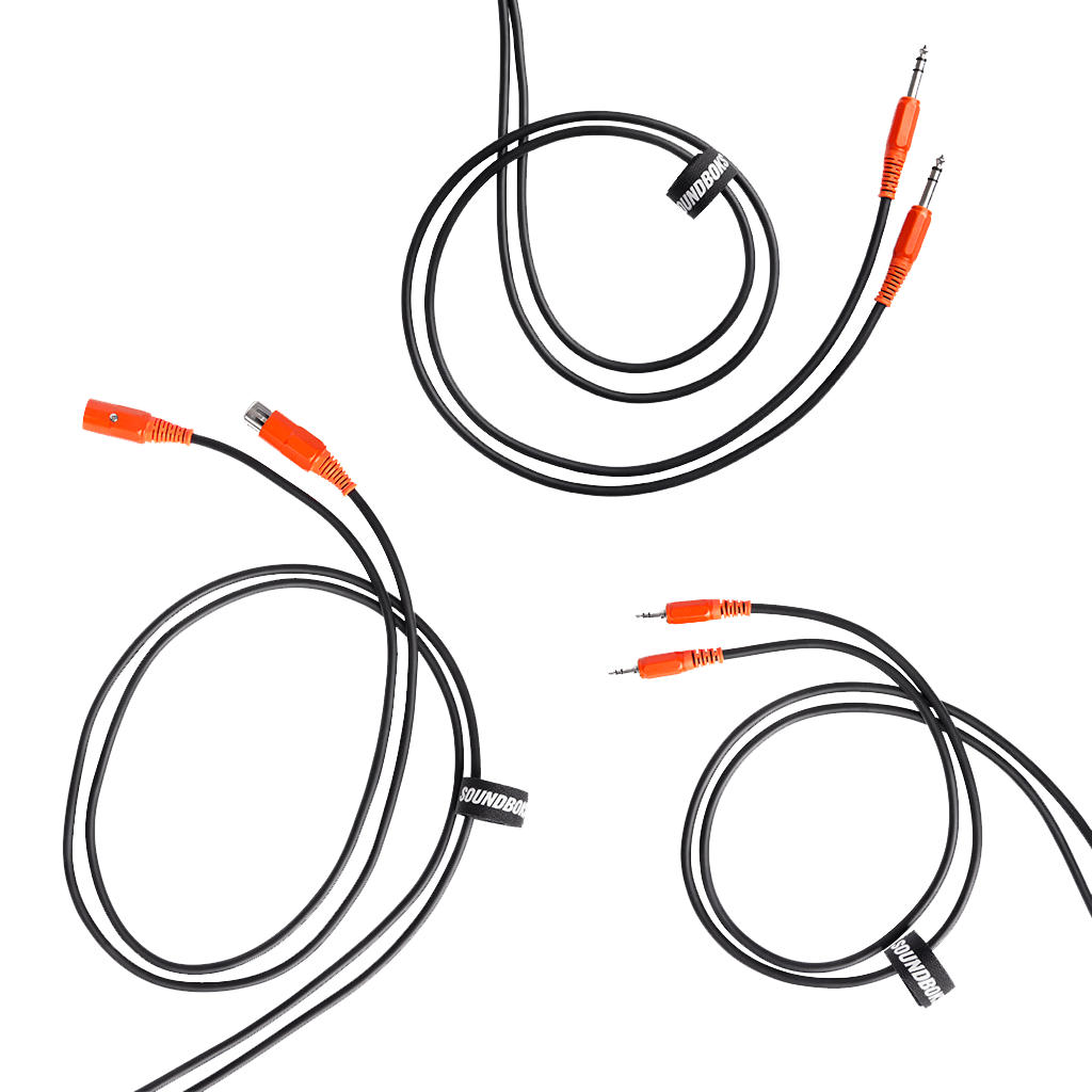 AUX Cable, TRS Cable and XLR Cable with SOUNDBOKS branded colors